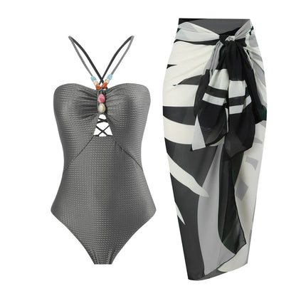 Sexy Bikini Set Women Luxury Beading Swimwear Hollow Out Swimsuit Two-pieces Halter Beachwear Bathing Suit With Cover up Skirt