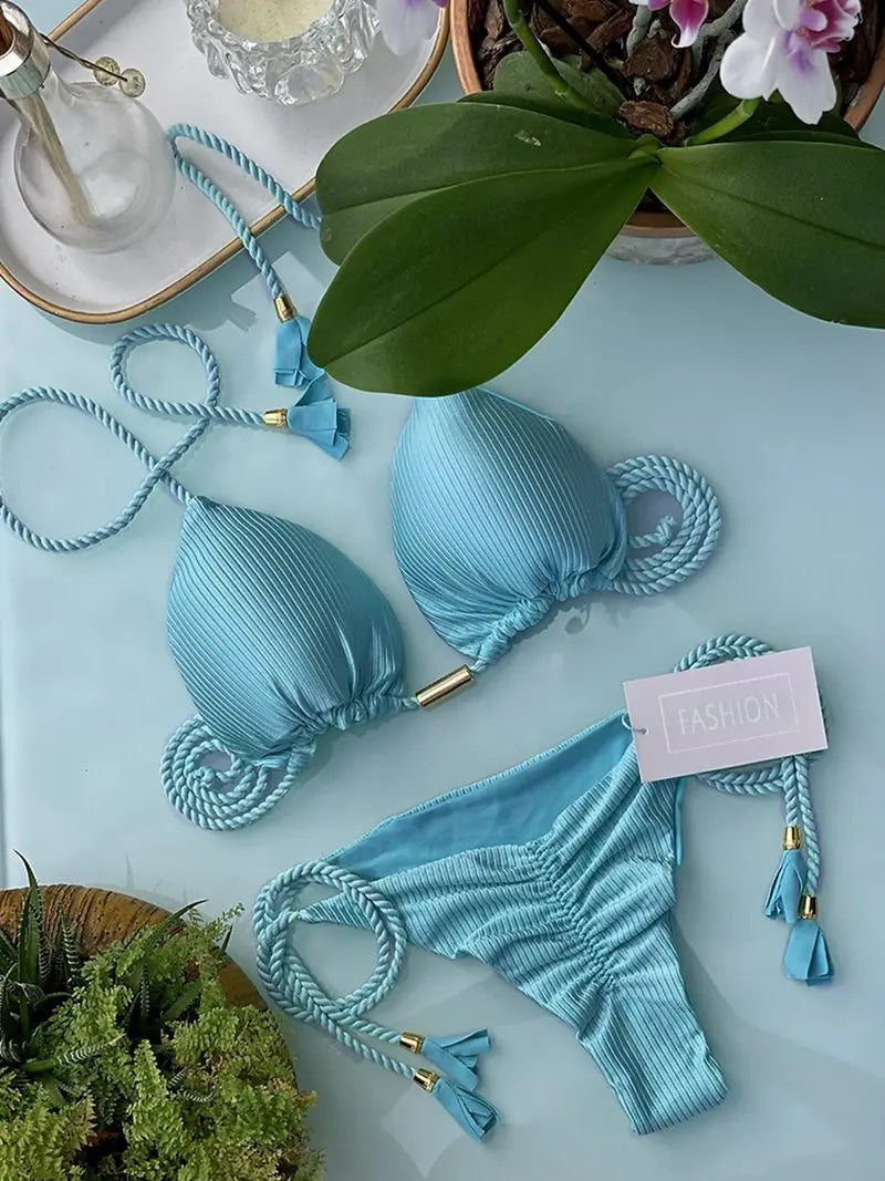 Neon Tassel Bikini Women Ribbed Swimsuit Sexy Swimwear Micro Thong Triangle Bandage Swimsuit 2023 Halter Brazilian Biquini
