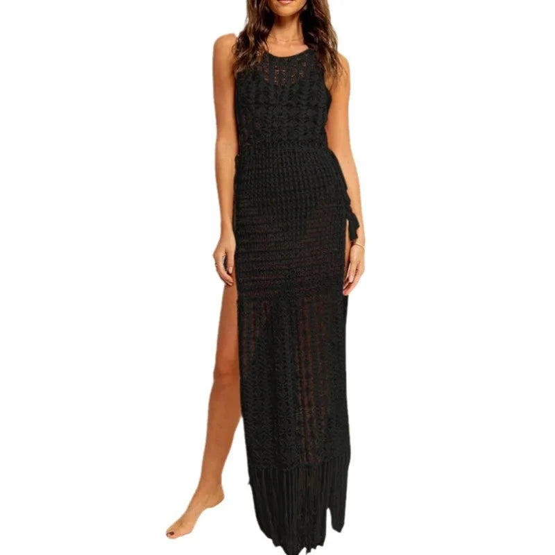 Sexy Tassel Bikini Blouse Women's Long Hollow Solid Color Round Neck Sleeveless Dress Swimsuit Outside Wholesale