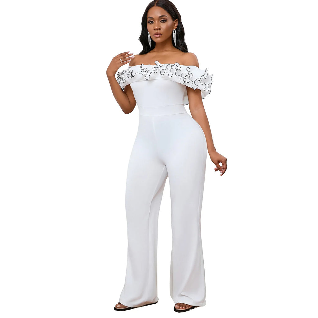 D523 Women's Sexy Tight Solid Color One Line Collar Ruffled off the Shoulder Short Sleeved Jumpsuit