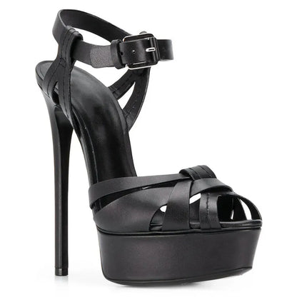 Ladies Crisscross Stiletto Heel Platform High Heels Gold PU Leather Ankle Strap Sexy Button Fashionable Summer Party Sandals