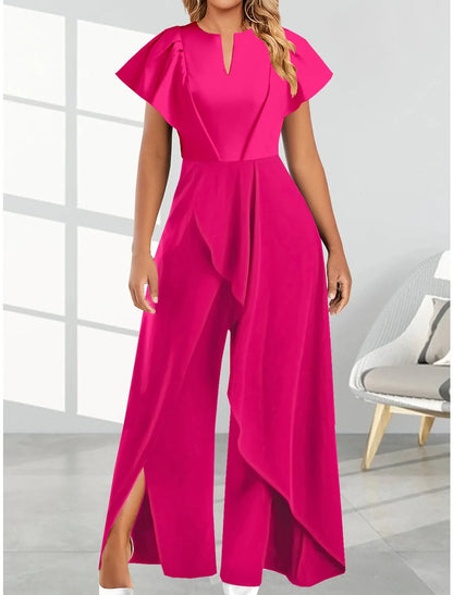 Combinaison femme col en V irrégulier, pantalon large, robe combinaison, manches courtes, couleur unie, tailles S-3XL