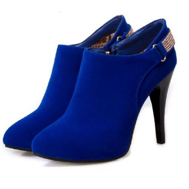 REAVE CAT Ankle Boots Pointed Toe Shoes women Sale Thin Heels Flock Suede Leather Rhinestone Big Size 31-50 Weeding Blue Black