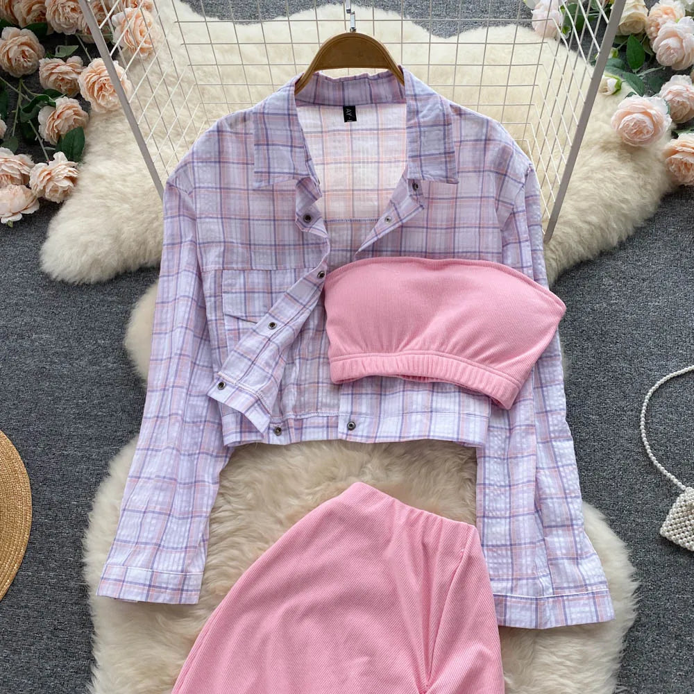 ANSZKTN Sommer Damen Sommeranzug Damen Sonnenschutzhemd Vielseitiger sexy BH Faltenrock Dreiteiler Mode