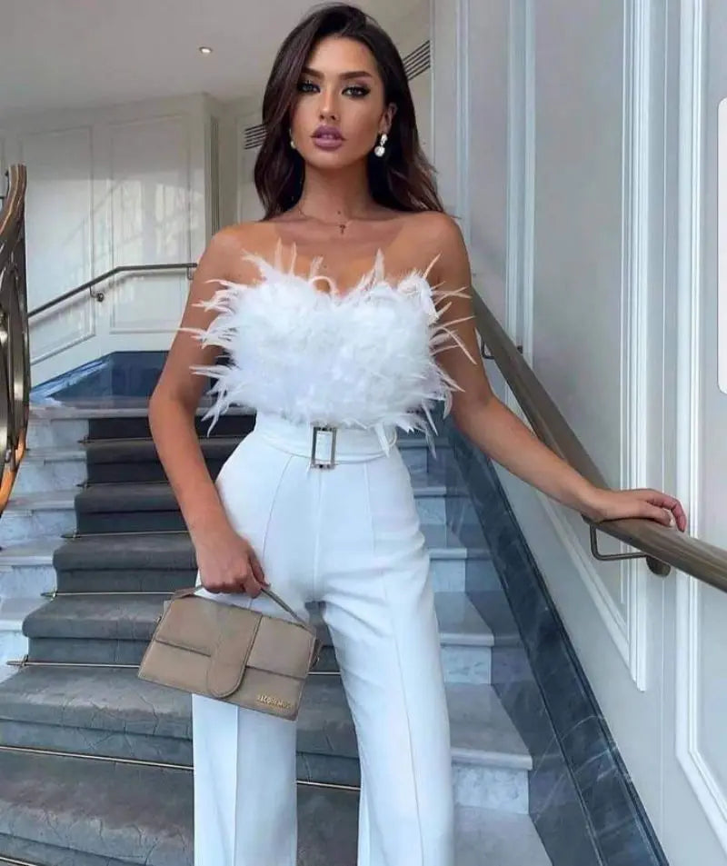 Liu Ming Modischer, sexy trägerloser Feder-Playsuit mit hoher Taille Damen-Jumpsuit