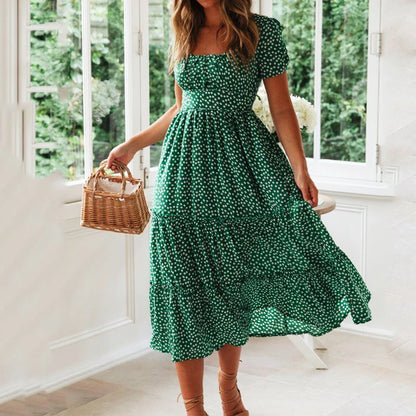Abiti vintage stampa vintage manica a sbuffo estate spiaggia abiti dolci casual colletto quadrato floreale maxi abito lungo festa