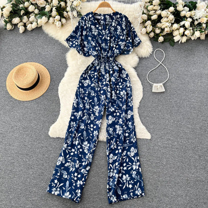 ANSZKTN Women's Summer Pant Set Short Sleeved Lattice Shirt Loose Wide-leg Trousers Printed High Waist Suit Jumpsuit