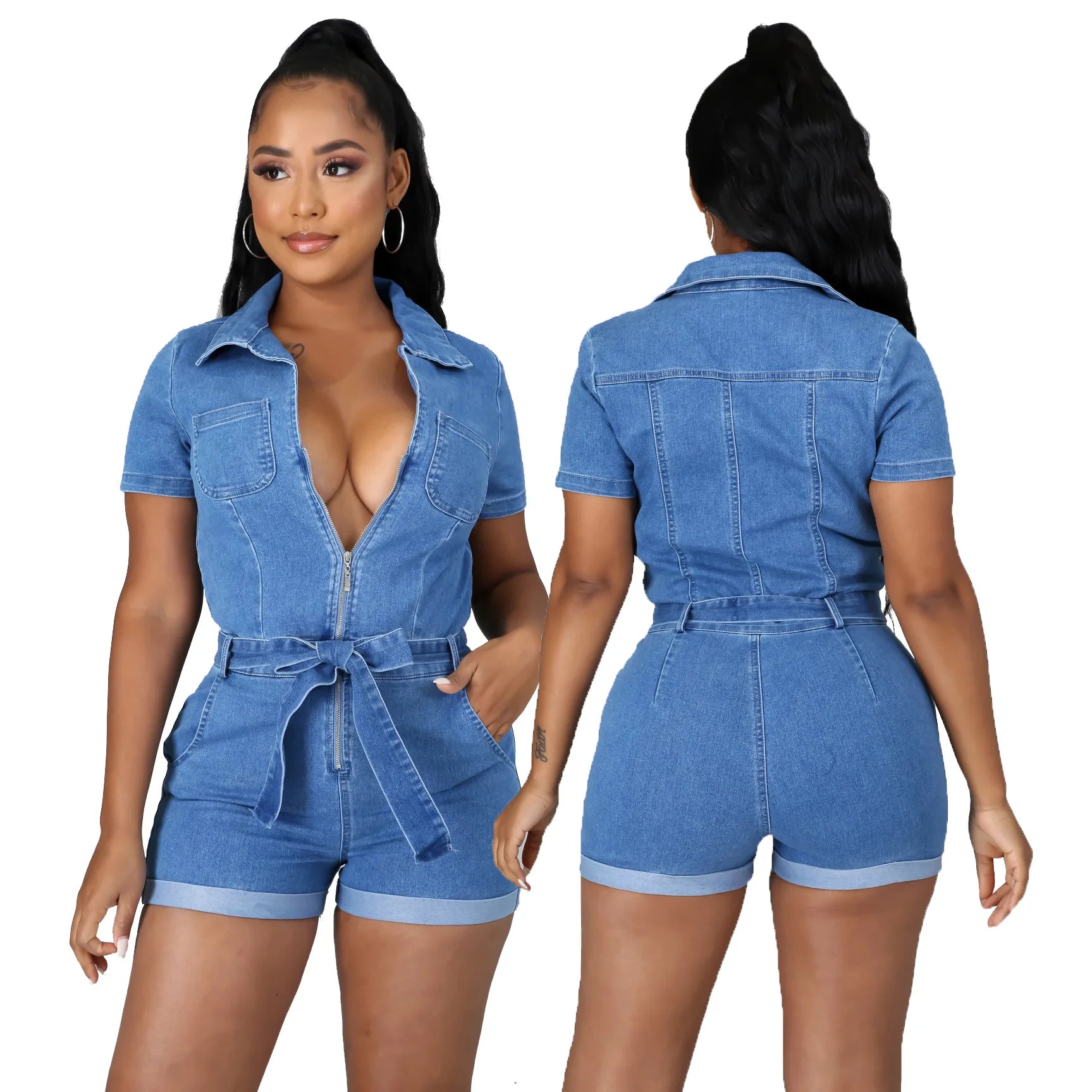 Women's High Waist Summer Casual Fitness Jumpsuit Breathable Denim Jeans Short Sleeve Patchwork Decoration Knitted Weaving