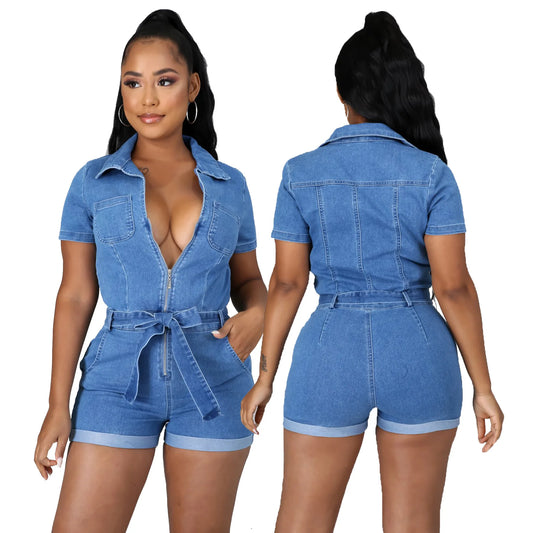 Women's High Waist Summer Casual Fitness Jumpsuit Breathable Denim Jeans Short Sleeve Patchwork Decoration Knitted Weaving