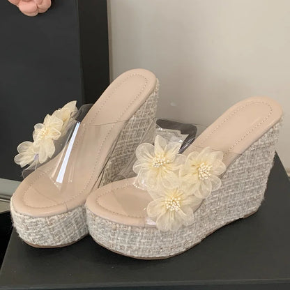 2025 New  Summer Fashion Bow Shining Sandals TPU Casual Slope Heel Slippers Ultra High Heels
