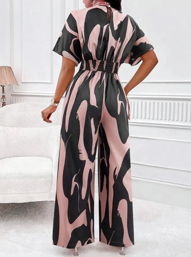 2025 Fashion Frühling Sommer Neue High Waist Kurzarm Jumpsuits Weites Bein Hosen Overalls Damen Bedruckter Sommer Lockerer Jumpsuit