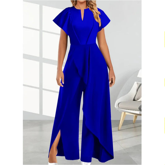 Combinaison femme col en V irrégulier, pantalon large, robe combinaison, manches courtes, couleur unie, tailles S-3XL