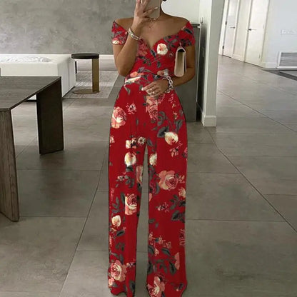 Summer Fashion Sexy Deep V-neck Jumpsuit Women's Short Sleeve Floral Digital Print Waist Trousers Jumpsuit
