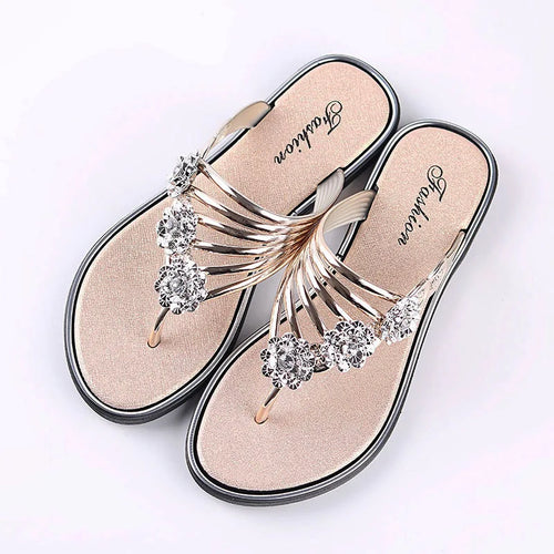 Tongs décontractées à strass fleurs pour l'extérieur, pantoufles, sandales d'été plates pour femmes, chaussures de plage