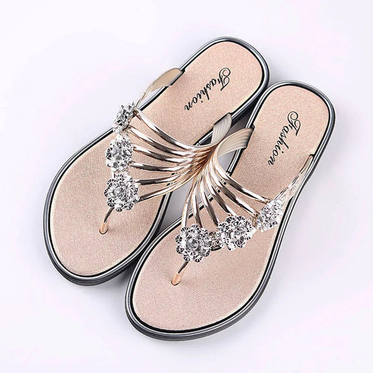 Tongs décontractées à strass fleurs pour l'extérieur, pantoufles, sandales d'été plates pour femmes, chaussures de plage