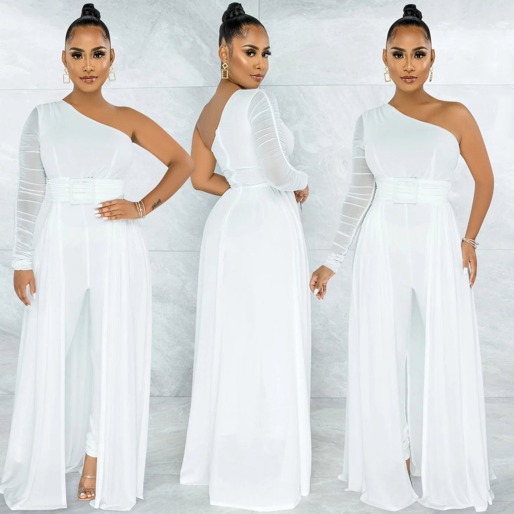 Hot Selling Women's Sexy One-Shoulder Satin Jumpsuit with Long Pants Breathable Mesh for Parties