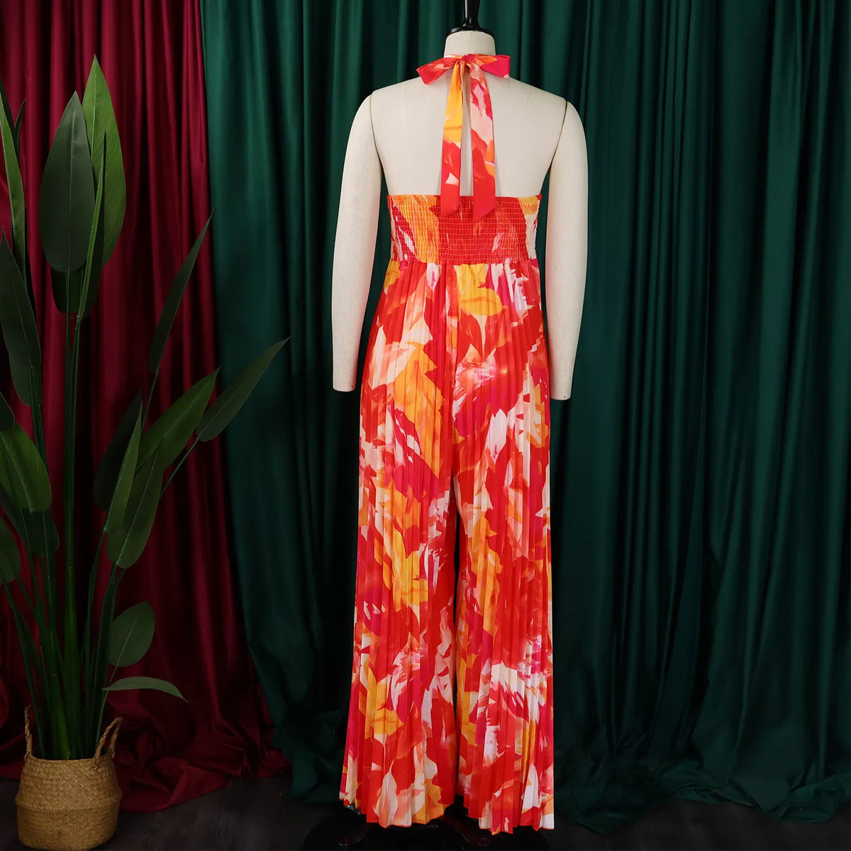 C8589 Women's Summer New Sexy Backless Printed Lace-up Wide-leg African Jumpsuit