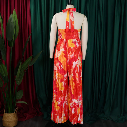 C8589 Women's Summer New Sexy Backless Printed Lace-up Wide-leg African Jumpsuit