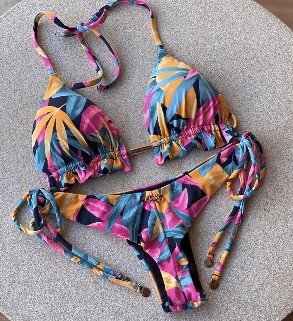 RUOTONGSEPT Sexy Micro Bikinis Set 2024 New Swimsuit Women Feather Print Bandage Swimwear Female Bathing Suit Brazilian Biquinis