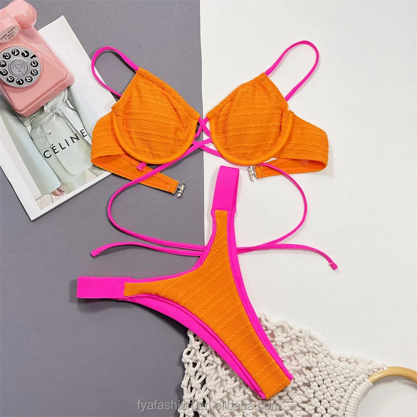 Zweiteiliger Custom Mini Micro Sexy Rib-Bikini mit Bügeln, Bandage, Tanga, Bademode aus Spandex mit Scrunch Butt Push-up für den Strand
