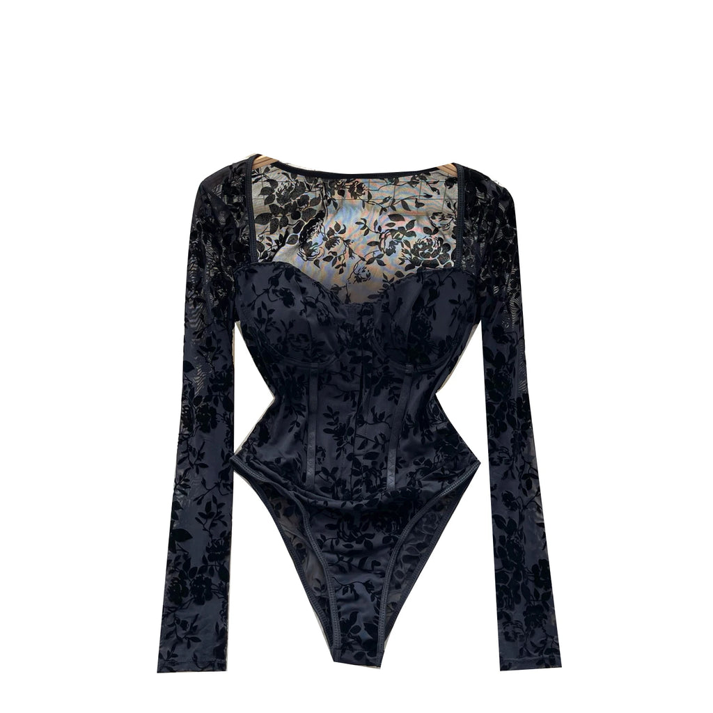 Fall Y2K Square Collar Slim Jumpsuit for Women Long Sleeve High Waist Printed Mesh Bodysuit Ladies Y2k Rompers Wholesale