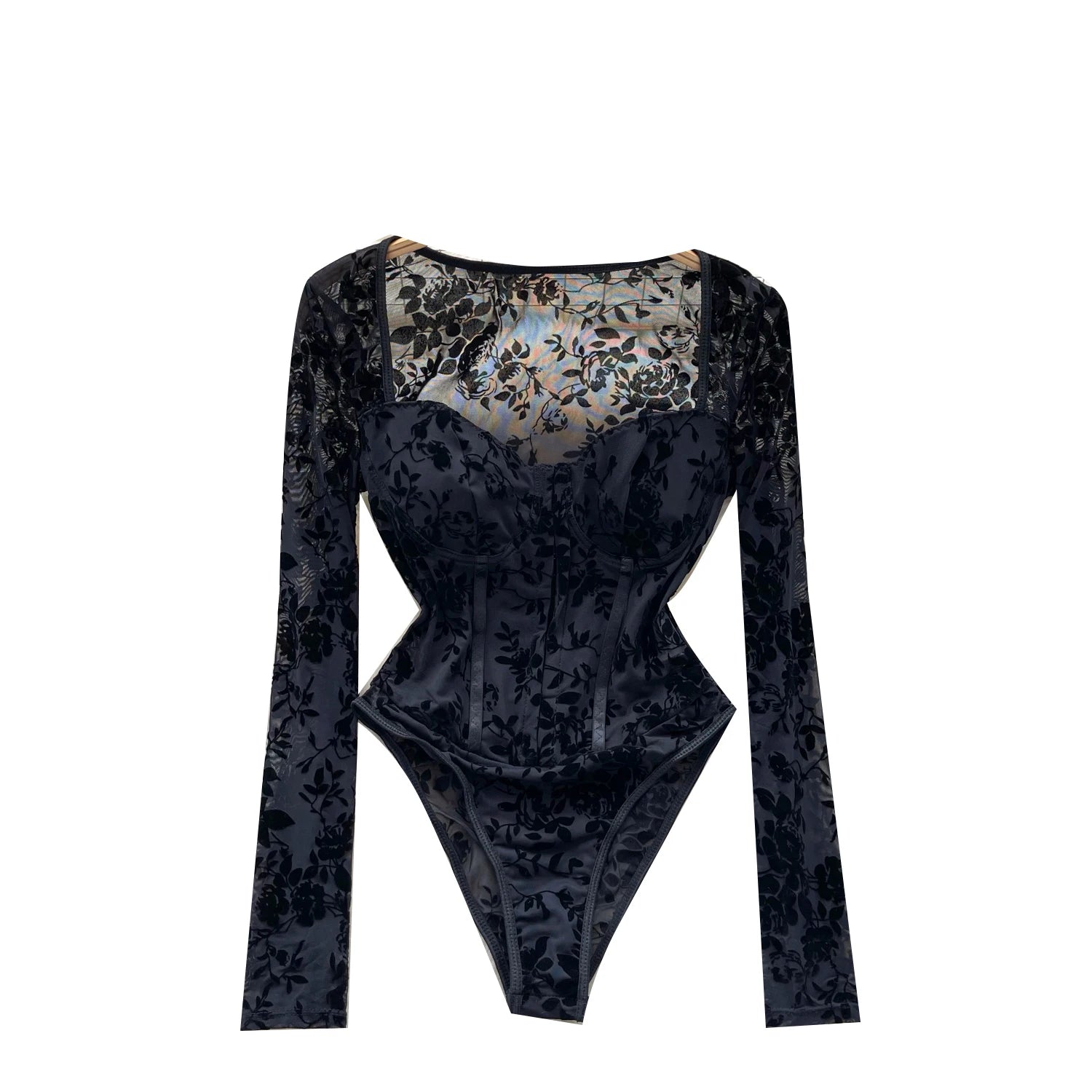 Fall Y2K Square Collar Slim Jumpsuit for Women Long Sleeve High Waist Printed Mesh Bodysuit Ladies Y2k Rompers Wholesale