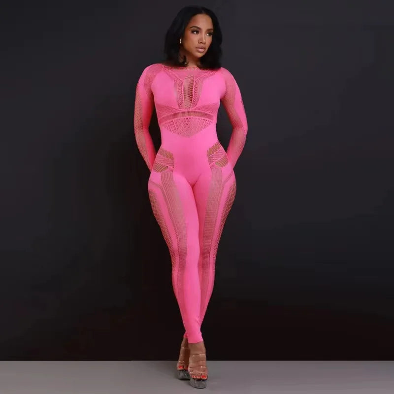 Neue Ankunft Damen Body Hohl Mittelhohe Taille Eng Große Größen Overalls Einfarbig Langarm Sexy Durchsichtiger Jumpsuit