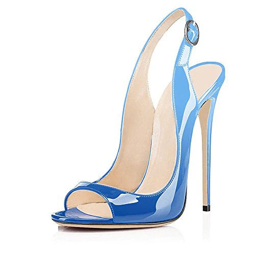 Sandales à talons hauts pour femmes en cuir verni dégradé Escarpins à bride arrière avec boucle Bout ouvert Talon aiguille