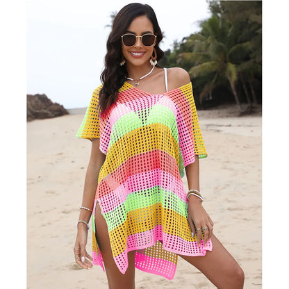 2024 Sexy Hollow Women Bathing Suit Knitted Crochet Top Swimsuit Beachwear Mesh Bikini Cover up Ladies Summer Beach Dresses