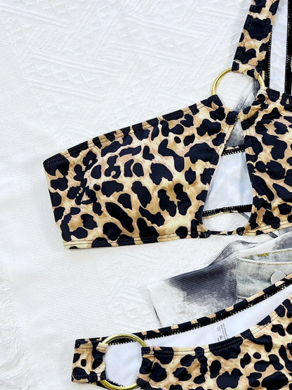 2023 One Shoulder Leopard Print Bikini Hollow Out Swimwear Beach Suit