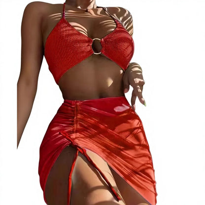 2023 New Sexy Solid Three-Piece Swimsuit Floral Pattern Mesh Bikini Set Spandex/Nylon Split Swimwear & Beachwear