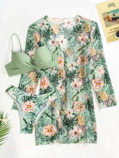 TW75018 Hot Selling Designer Badeanzug Push-up Bikini Pareo Badeanzug Langarm Vertuschung 3-teiliges Bademode-Set für Damen