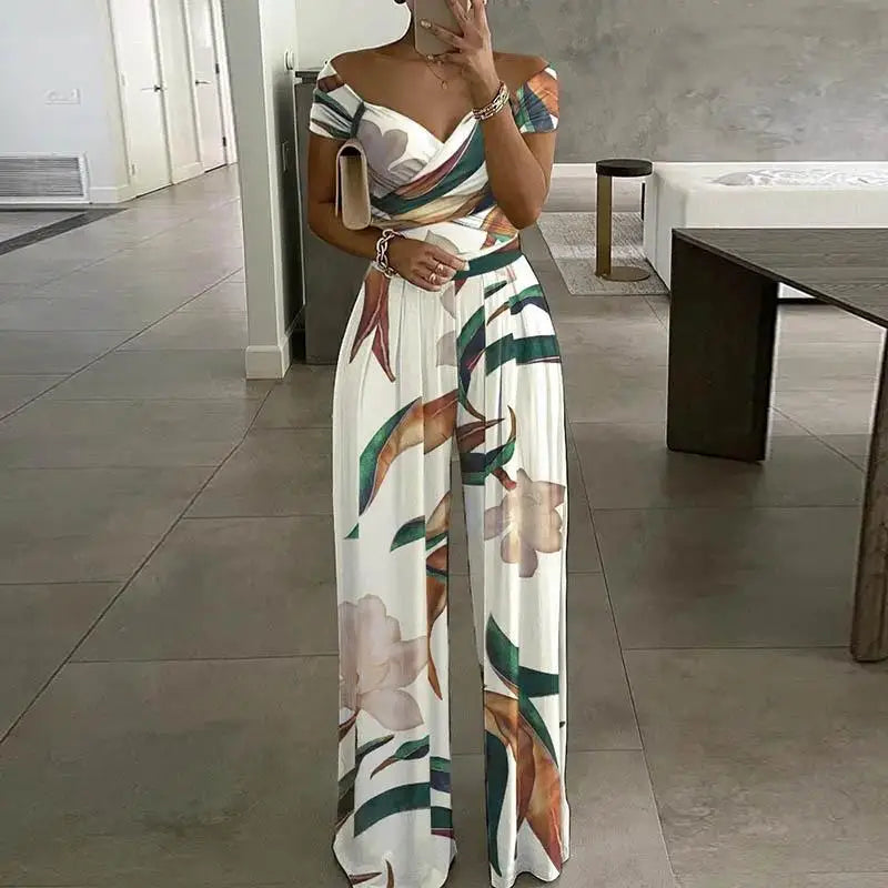 Summer Fashion Sexy Deep V-neck Jumpsuit Women's Short Sleeve Floral Digital Print Waist Trousers Jumpsuit