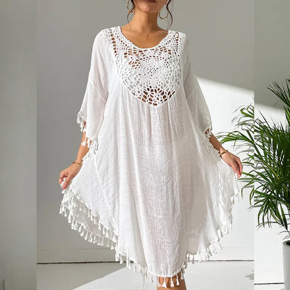 2024 Factory New Summer Women Bikini Cover up Tassel Handmade Crochet Tunic Loose Beach Blouse Dress Swimwear Beach Cover Ups