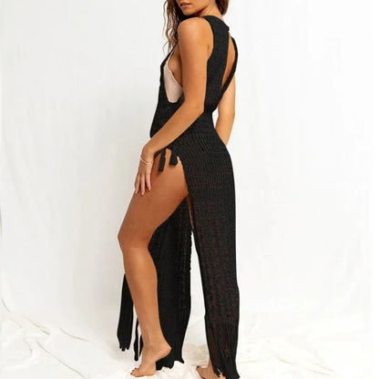 Sexy Tassel Bikini Blouse Women's Long Hollow Solid Color Round Neck Sleeveless Dress Swimsuit Outside Wholesale