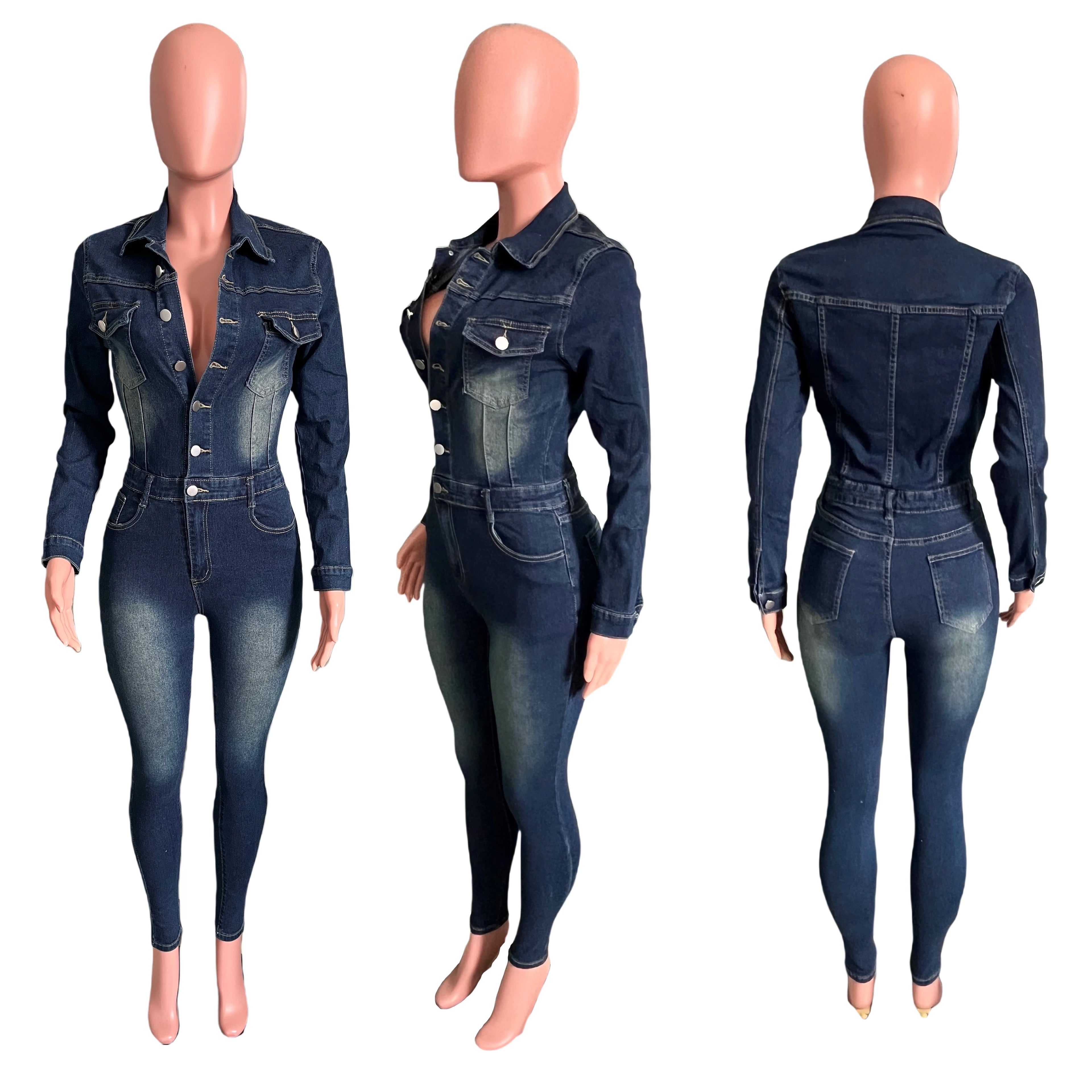 Casual Women's Retro Long Sleeve Denim Jumpsuit Halter Tights for Summer Parties Knitted Fabric Printed Design Skinny One Going