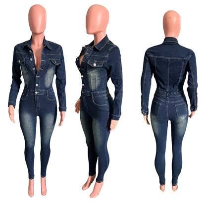 Lässiger Retro-Langarm-Jeans-Jumpsuit für Damen, Neckholder-Strumpfhose für Sommerpartys, gestrickter Stoff, bedrucktes Design, Skinny One-Piece