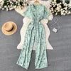 ANSZKTN Women's Summer Pant Set Short Sleeved Lattice Shirt Loose Wide-leg Trousers Printed High Waist Suit Jumpsuit