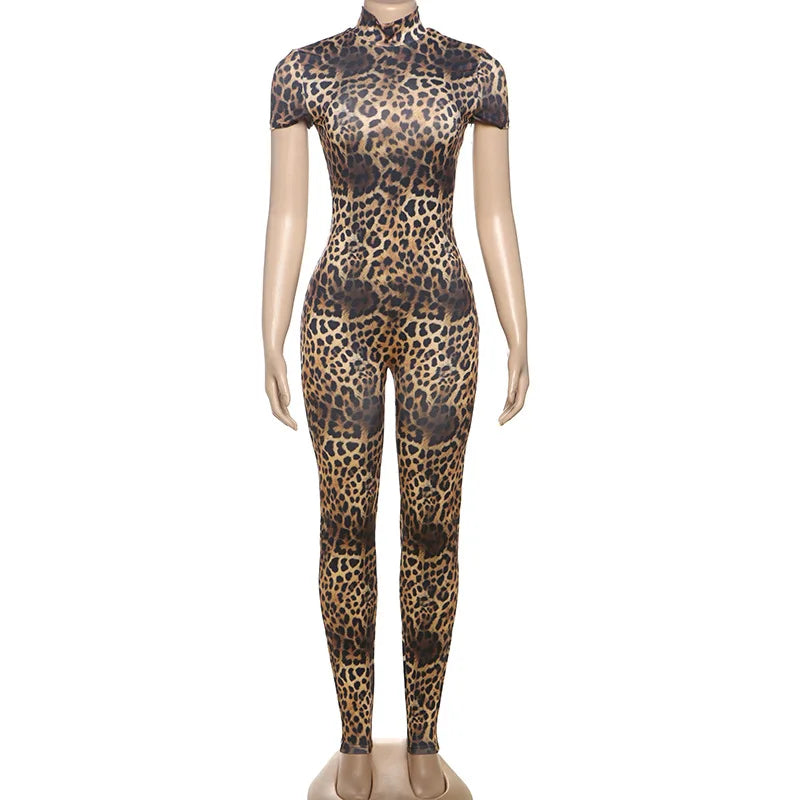OUDINA Autumn and Winter Tight Short Sleeve Jumpsuit New Fashion Leopard Print Jumpsuits Backless Women Playsuits