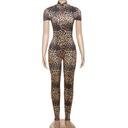 OUDINA Autumn and Winter Tight Short Sleeve Jumpsuit New Fashion Leopard Print Jumpsuits Backless Women Playsuits