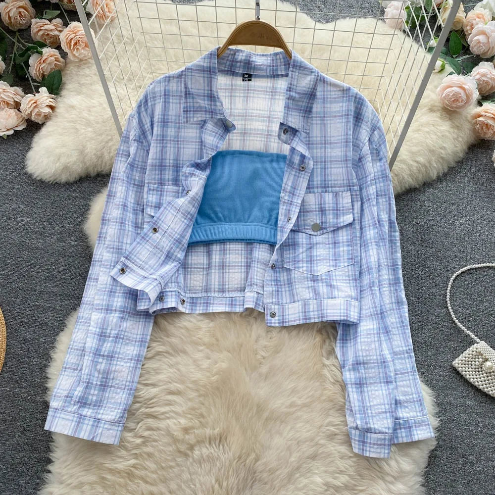 ANSZKTN Sommer Damen Sommeranzug Damen Sonnenschutzhemd Vielseitiger sexy BH Faltenrock Dreiteiler Mode