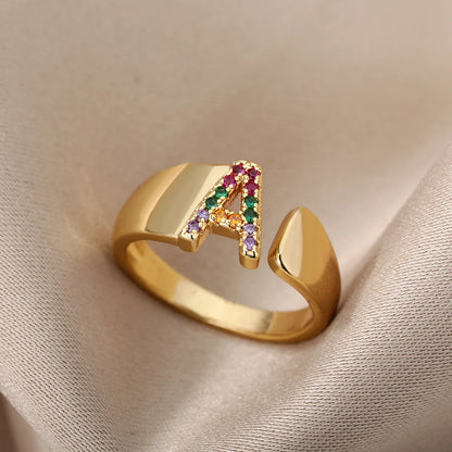 Anelli con lettera zircone arcobaleno per le donne Moda grosso lettera larga AZ anello in acciaio inossidabile matrimonio gioielli Boho spedizione gratuita