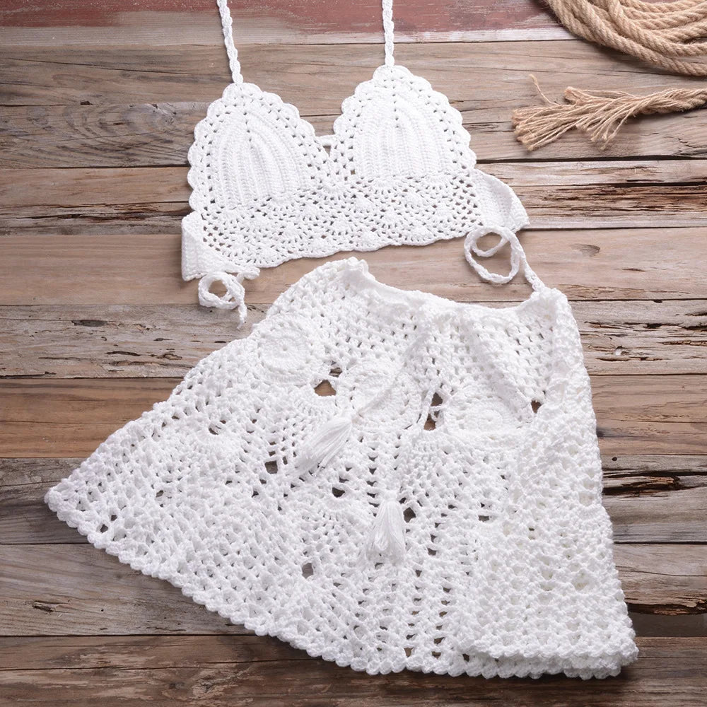 Custom Crochet Swimwear Women's Halter Top Tie Side Swimsuits 2 Piece Beachwear Set Beach Cover up Crochet Bikini