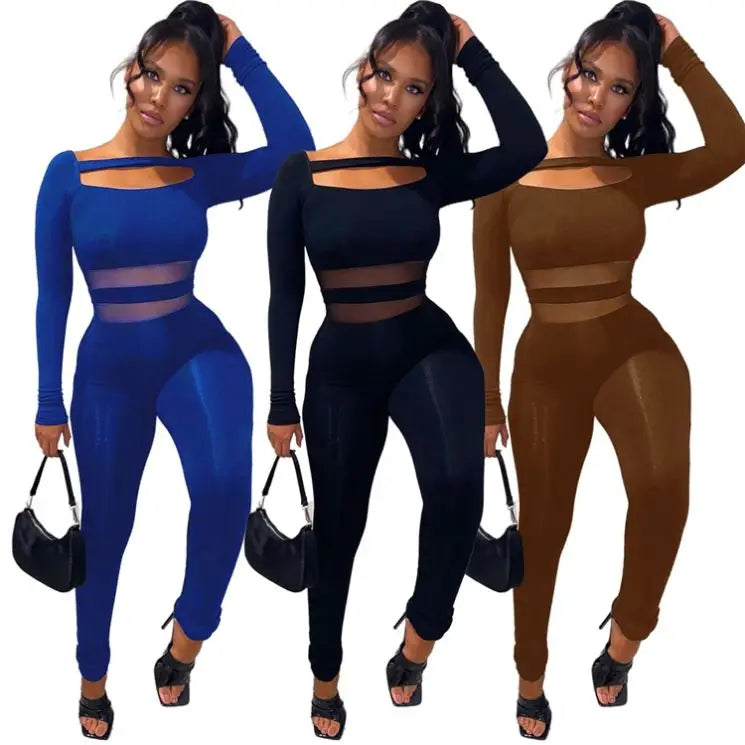2022 Damen Sexy Hollow Bodycon Rompers Langarm Jumpsuit Gekerbter Kragen Gestrickt Anti-Pilling Polyestergemisch Großhandel