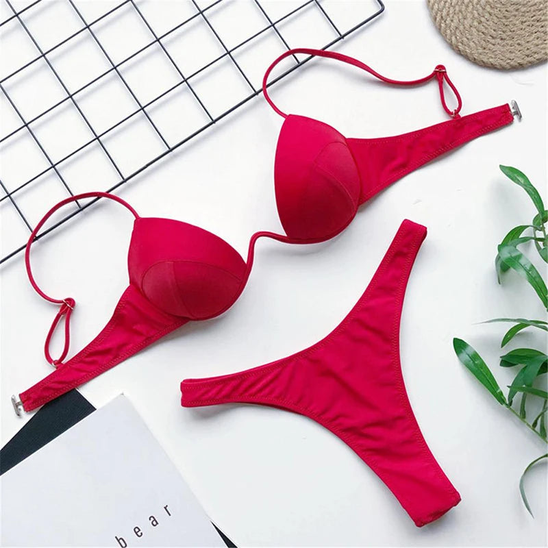 New Sexy V-bar Underwired Bra Push up Bikini Women Swimwear Female Swimsuit Two-pieces Set V Wire Bather Bathing Suit Swim