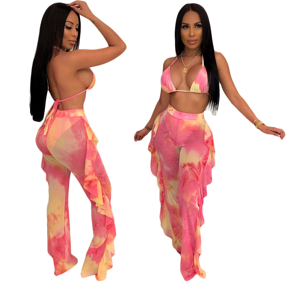 Prix usine en gros Nouveau maillot de bain d'été sexy pour femme avec bikini à volants, pantalon long ample, soutien-gorge à fines bretelles et ensemble deux pièces