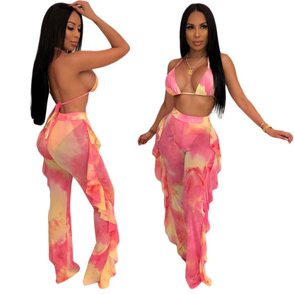 Prix usine en gros Nouveau maillot de bain d'été sexy pour femme avec bikini à volants, pantalon long ample, soutien-gorge à fines bretelles et ensemble deux pièces
