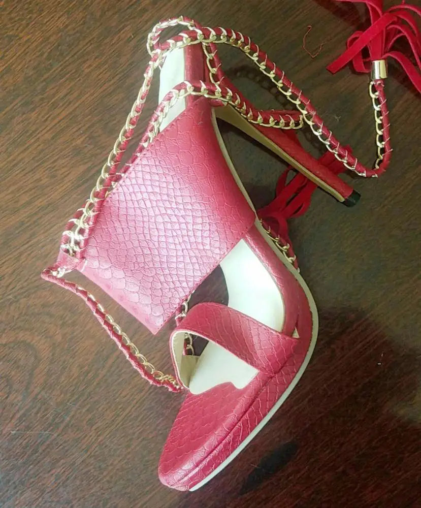 Sexy Metal Chain High Heel Sandals Fringes Straps Women Stiletto Slippers Lace up Party Shoes