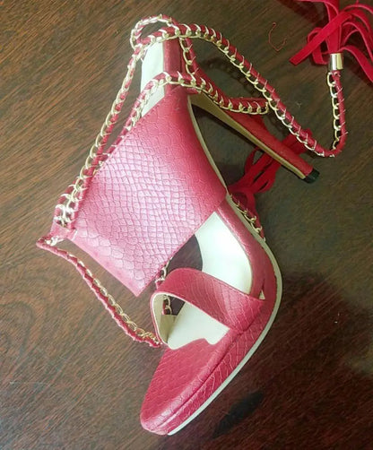 Sexy Metal Chain High Heel Sandals Fringes Straps Women Stiletto Slippers Lace up Party Shoes