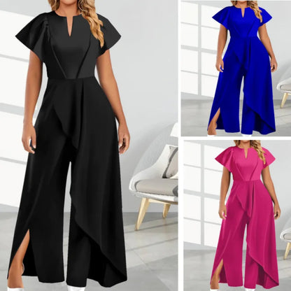 Combinaison femme col en V irrégulier, pantalon large, robe combinaison, manches courtes, couleur unie, tailles S-3XL